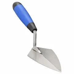 Philadelphia brick trowel with a carbon steel blade in a point shape, 2-3/4 in wide. Ergonomic rubberized handle. Used for spreading and smoothing mortar or concrete in masonry and brickwork, especially in corners and tight spaces.