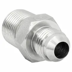 This rigid, straight steel hydraulic hose adapter connects components with 3/4 in female and male NPTF threads. It is used in fluid power systems to join hoses or fittings, providing a leak-resistant seal for hydraulic fluid transfer.