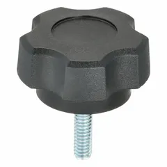 This 5-arm knob features a plastic body with a steel thread insert. It has a 1/4"-20 thread size and a 1 in thread length. Used for manual clamping, positioning, and adjustment on industrial machinery, jigs, and fixtures.