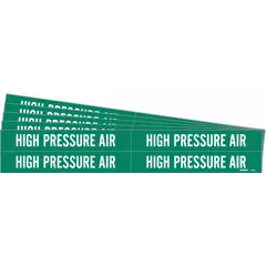 Green adhesive pipe marker with white legend reading 'High Pressure Air' for identifying compressed air lines. Fits pipe outer diameters from 3/4 to 2-3/8 inches. Pack includes 4 markers without directional arrows, sold in a 5-pack quantity.