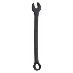 Alloy steel combination wrench with black oxide finish. Features a 21 mm 12-point box end and open end with offset design. Overall length of 10 5/8 in. Used for tightening or loosening metric fasteners in automotive, machinery, and industrial maintenance applications.