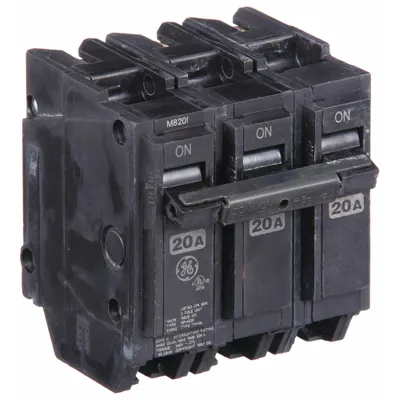 GE Miniature Circuit Breaker: THHQL, 20 A, 120/240V AC, Three Phase, 22kA at 120/240V AC - THQP, THQL & THHQL Series, Plug-In GE Miniature Circuit Breakers