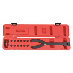 This spanner wrench set includes seven wrenches with pin diameters of 4 mm, 5 mm, 6 mm, 7 mm, 3-1/2 mm, 4-1/2 mm, and 10 mm. Designed for tightening or loosening spanner nuts, lock rings, and retaining rings on shafts, bearings, and hydraulic components. Suitable for industrial maintenance, machining, and assembly tasks requiring precise pin engagement.