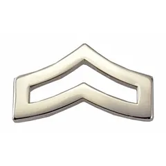 This metallic insignia is a chevron style rank badge, 3/4 inch in size, finished in silver. Made of metal, it attaches to uniform fabric via a clutch pin. Commonly used to denote rank on military, law enforcement, or ceremonial uniforms.