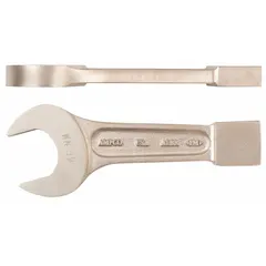 This nonsparking striking open end wrench is made of aluminum-bronze with a natural finish. It has an 80 mm head size, 2 in head thickness, and 16 in overall length. Designed for use in hazardous environments where sparking tools are prohibited.