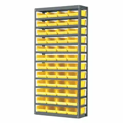 Steel shelving unit with 13 shelves holding 60 yellow polymer open-front shelf bins (4 in x 6-5/8 in x 17-7/8 in each). Gray frame, one-sided access. Suitable for organizing small to medium parts in industrial facilities, warehouses, and workshops.