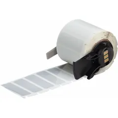 Silver polyester precut label roll measuring 1 1/2 in x 1/2 in. Halogen-free material suitable for industrial identification of equipment, cables, and panels. Compatible with BMP71 printer series using a media adapter.