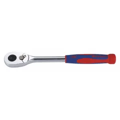 This reversible standard-head ratchet features a chrome finish and a 4.3° minimum arc swing, enabling use in confined spaces. The 9-inch overall length provides leverage for tightening and loosening fasteners in automotive, machinery, and general assembly tasks.