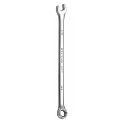 Alloy steel construction with a chrome finish. SAE 12-point combination wrench with a 1/4 in head size and 5 in overall length. Offset design improves access to recessed fasteners. Used for tightening or loosening fasteners in confined spaces.