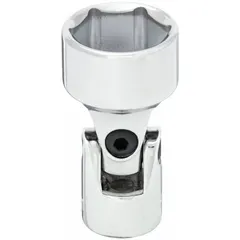 Chrome flex socket with 3/8 in drive and 13/16 in hex size. 6-point design provides secure grip on fastener flats. Standard length with flex feature for access in confined or offset positions. Suitable for use with 3/8 in ratchets or drivers in general maintenance and repair tasks.