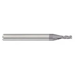 This carbide corner-chamfer end mill is designed for fast cutting in steel and cast iron. It features a reduced neck for deep reach, an AlTiN coating for wear resistance, and three flutes. The 1/16" mill diameter and 3/32" length of cut make it suitable for creating beveled edges, deburring, and preparing weld joints.