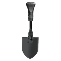 Round point folding shovel with a 14-gauge steel blade in black finish and a black straight handle. Handle length is 9 1/4 inches. Suitable for digging, trenching, and moving loose materials in construction, landscaping, and outdoor applications