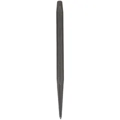 This prick punch has a 1/4 in tip size and a 4-3/4 in overall length. The hexagon body and plain grip provide secure handling. Used for marking or starting holes in metal, wood, or plastic during layout and fabrication. Supplied with a pouch.