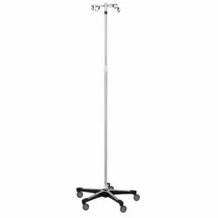 This standard IV pole from BLICKMAN features a 5-leg base constructed of aluminum and stainless steel for stability. Equipped with 4 hooks, it supports multiple intravenous fluid bags in healthcare settings.