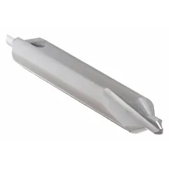 This KEO center drill is a plain-type, double-end tool made from carbide. It features a #4 size with a 60° point angle and an overall length of 2-1/8 inches. Used to create conical starting holes for lathe centers, it supports accurate alignment and reduced runout in machining operations.