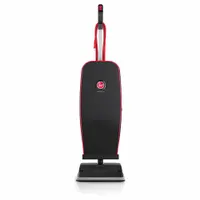 Corded upright vacuum with a 12-inch cleaning path, 40 cfm airflow, and 78 dB sound level. Features a brushed motor, floating head height adjustment, onboard hose, and 40-foot quick-change cord. Standard bag vacuum design for general floor cleaning on carpets and hard floors, with onboard hose for above-floor tasks