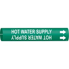 Snap-on pipe marker for identifying hot water supply lines. Green background with white legend text and directional arrows. Fits pipe outer diameters from 3/4 to 1-3/8 inches. Suitable for industrial piping systems requiring clear identification of hot water lines.