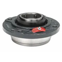 Flange-mount spherical roller bearing with a 2 7/16 in cylindrical bore and cast iron housing. Secured with set screws and pre-lubricated with lithium complex grease. Designed for heavy radial and moderate axial loads in industrial machinery such as conveyors, fans, and material handling systems. Accommodates misalignment and uses a 1/2 in mounting bolt.