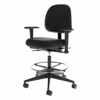 This adjustable-arm office chair features a black finish with a 15-inch back height, 19 1/2-inch seat width, and 19 1/2-inch seat depth. Suitable for prolonged seated tasks in office or light industrial workstations