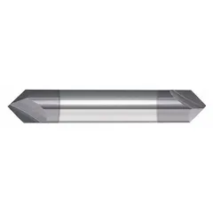 This double-end carbide chamfer mill features a 90° included angle for creating chamfers and bevels on workpiece edges. With a 1/2" mill diameter, 3" overall length, and 2 flutes, it is suited for general machining operations on ferrous materials. The AlTiN coating provides wear resistance for extended tool life.