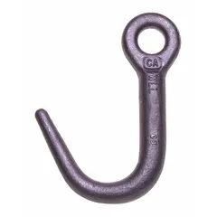 This forged alloy steel J-hook is designed for towing and recovery applications, providing a secure attachment point for chains, straps, or cables. It has an overall length of 3 29/32 inches and is suitable for use in industrial, automotive, and heavy-equipment settings.