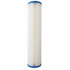 Pleated water filter cartridge with 50 micron polyester media. Rated for 20 gpm flow and 20-inch overall height. Used in industrial water filtration systems for particulate removal from process water, cooling systems, and general liquid lines.