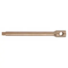 Non-sparking hand socket extension with 3/8 in input and output drive sizes, 2 in overall length. Suitable for use in hazardous environments where flammable gases, vapors, or combustible dusts are present. Features a locking mechanism for secure attachment.
