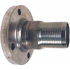 This multipurpose barbed combination nipple is constructed of 316 stainless steel for corrosion resistance. It features a rigid, no-knurl design with a hose barb on one end and a flange connection on the other, suitable for air, water, and chemical transfer applications.