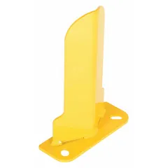 Steel door track guard with V shape, yellow powder-coated finish. Overall length 3 in, thickness 0.2 in. Mounts with lag bolts. Used to protect door tracks and adjacent structures from impact in warehouses and industrial settings.
