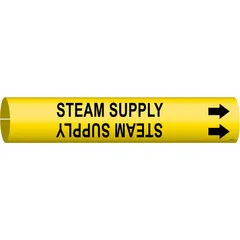 Snap-on pipe marker for steam supply lines. Yellow background with black legend and directional arrows. Fits pipe outer diameters from 2-1/2 to 3-7/8 inches. Single marker included.