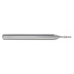 Solid carbide ball end mill with pencil-neck design for deep cavity machining. Two-flute geometry provides efficient chip evacuation in contouring and profiling operations. Suitable for creating concave radii and 3D surfaces in hardened steels and non-ferrous materials.