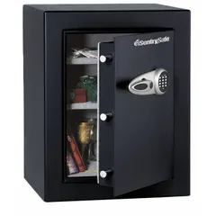 This free-standing security safe offers 4.25 cu ft of storage capacity for valuables, documents, or small assets. Constructed from steel, it measures 27 5/8 in H x 21 3/4 in W x 19 3/4 in D and features a digital combo lock with 3 dead locking bolts. Not fire rated, it is suitable for basic theft deterrence in commercial or industrial settings.