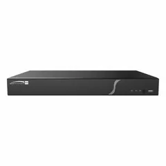 Network IP video recorder with 16 TB internal storage capacity. Supports H.265 video compression and manual recording modes. Features VGA output and network interface up to 160 Mbps. Video export via USB flash drive. Suitable for security surveillance systems in commercial or industrial environments.