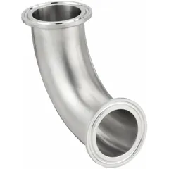 This 90° elbow is a 316L stainless steel sanitary tube fitting with 1 1/2 in OD x 1 1/2 in OD size and clamp connection, conforming to ASME BPE standards. It is used in hygienic piping systems to change flow direction, suitable for applications requiring cleanability and corrosion resistance.