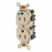 This Leviton wide body duplex receptacle is a hospital-grade general purpose outlet rated 125V AC and 15 A with a 5-15R configuration. It is suitable for power distribution in commercial and industrial environments where reliable electrical connections are required. The ivory finish allows integration with standard wiring devices