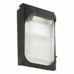 LED compact wall pack delivering 2950 lumens at 4000K with Type IV distribution. Operates on 120 to 277V AC, consumes 22 W, and features a bronze housing with 12 in overall height. Suitable for building perimeter and area lighting such as entrances, walkways, and loading docks.