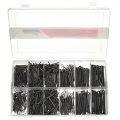 This cotter pin assortment contains 1,200 pieces across 10 bridge sizes in inch dimensions. Made from stainless steel 18-8 with a plain finish, it is used for securing mechanical assemblies in applications such as machinery, automotive, and agricultural equipment.