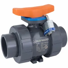 This manual two-way ball valve features a 1 1/4 in PVC body with a straight configuration and Class 150 flange ends. It includes a Locking Tee handle for secure operation. Suitable for use in industrial piping systems handling water, chemicals, or corrosive fluids.