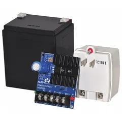 This power supply kit converts 115V AC input to selectable 6, 12, or 24 VDC output at 1.2A. Housed in a phenolic/fiberglass enclosure, it includes a 4A battery for backup. Suitable for powering access control systems, security devices, and industrial control panels requiring a grounded DC source.