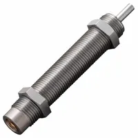 Steel industrial shock absorber rated at 9.8 N force. Used to decelerate and dampen impact forces in automated machinery, conveyors, and packaging equipment for light-duty motion-control applications