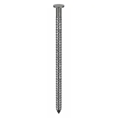 Collated framing nails with 2 3/8" length, galvanized finish, flat ring shank, steel construction, and diamond point. Supplied in a tape collation of 2000 nails. Used for wood framing, sheathing, and decking applications.