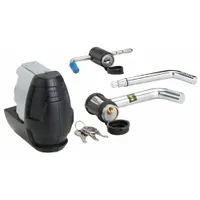 This MASTER LOCK coupler lock is made of stainless steel and includes a trailer coupler latch lock mechanism. It is designed for Vehicle Class IV trailers, securing the coupler latch to help prevent theft or accidental uncoupling