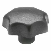 This 7-arm knob is made of cast iron with a threaded hole for direct mounting on studs or shafts. It has a 2.48 in diameter, 1/2"-13 thread, and 0.87 in thread length. Commonly used as a manual grip interface for adjusting machine tools, valves, and clamping fixtures