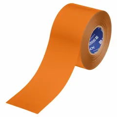 Solid orange floor marking tape from the B-553 series, 4 inches wide by 100 feet long, with a 22 mil thickness. Backed with polyester for resistance to wear. Used for aisle marking, hazard identification, and visual cues in industrial environments subject to heavy traffic.