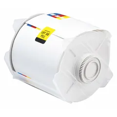 White vinyl precut label rolls with a color bar and blank text area, measuring 4 in x 6 1/4 in and 6 1/4 in x 4 in. Acrylic adhesive. Compatible with GlobalMark 2 printer series. Used for on-demand creation of color-coded safety labels for chemical and hazard identification.