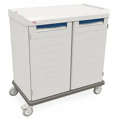 Polymer cart with taupe cabinet and four swivel casters. Enclosed shelves provide organized storage for medical supplies. Suitable for use in healthcare settings for supply transport and storage.