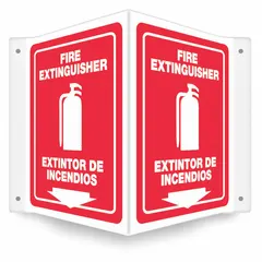 This V-shape projection fire extinguisher sign is made of PETG with a nominal size of 12 in x 14 in and a thickness of 0.06 in. It features mounting holes for wall installation and is not retroreflective, not glow-in-the-dark, and has no anti-slip surface. Used to mark fire extinguisher locations in industrial, commercial, and warehouse environments.