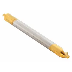 This double-end plain-tip center drill is made of TiN-coated high-speed steel with a 60° angle and 5-inch overall length. It is used to create precise conical starting holes in workpieces for lathe turning or grinding operations in metalworking.