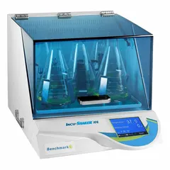 Incubating shaker with speed range from 30 RPM to 300 RPM. Accommodates up to five 2 L flasks. Includes a rubber mat. Standard plug style. Used for mixing and incubation of samples in laboratory applications such as cell culture, microbial growth, and solubility studies.