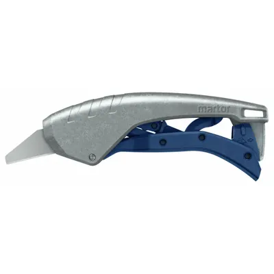 MARTOR Safety Knife: 6 in Overall Lg, Plain, 1 in Overall Wd, Aluminum, Blue/Gray - Automatic Retracting Utility Knives